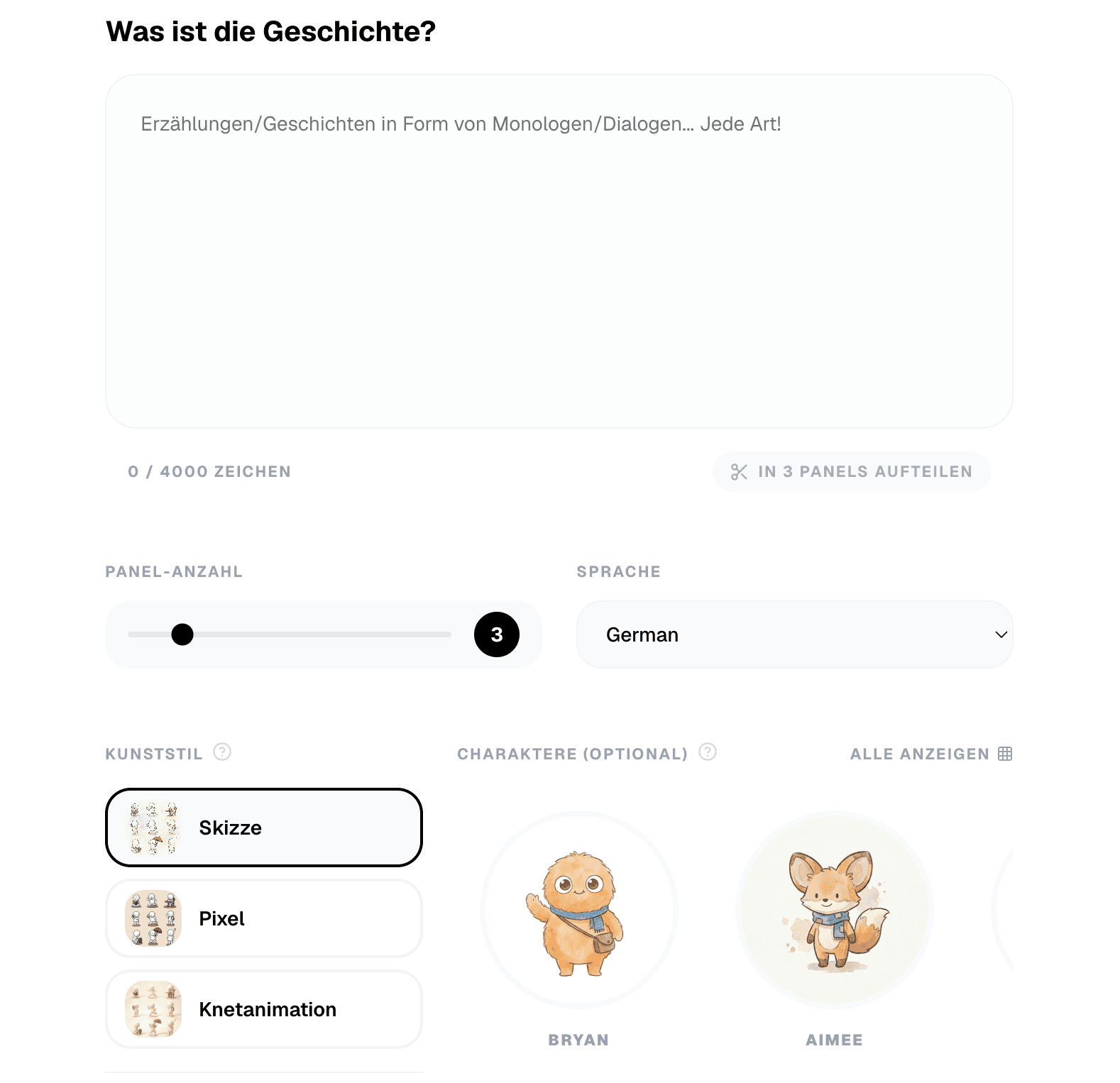 Slycee Studio Create-Seite zum Schreiben der Comic-Geschichte